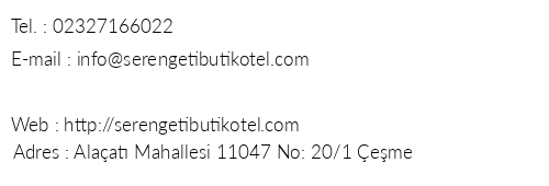 Serengeti Butik Otel telefon numaralar, faks, e-mail, posta adresi ve iletiim bilgileri